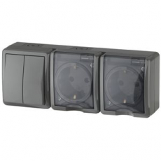 Блок Эра две розетки+выключатель двойной IP54, 16A(10AX)-250В, ОУ, Эксперт, серый