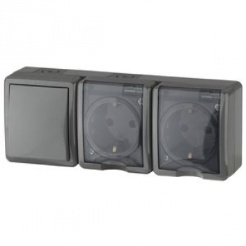 Блок Эра две розетки+выключатель IP54, 16A(10AX)-250В, ОУ, Эксперт, серый
