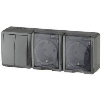 Блок Эра две розетки+выключатель двойной IP54, 16A(10AX)-250В, ОУ, Эксперт, серый